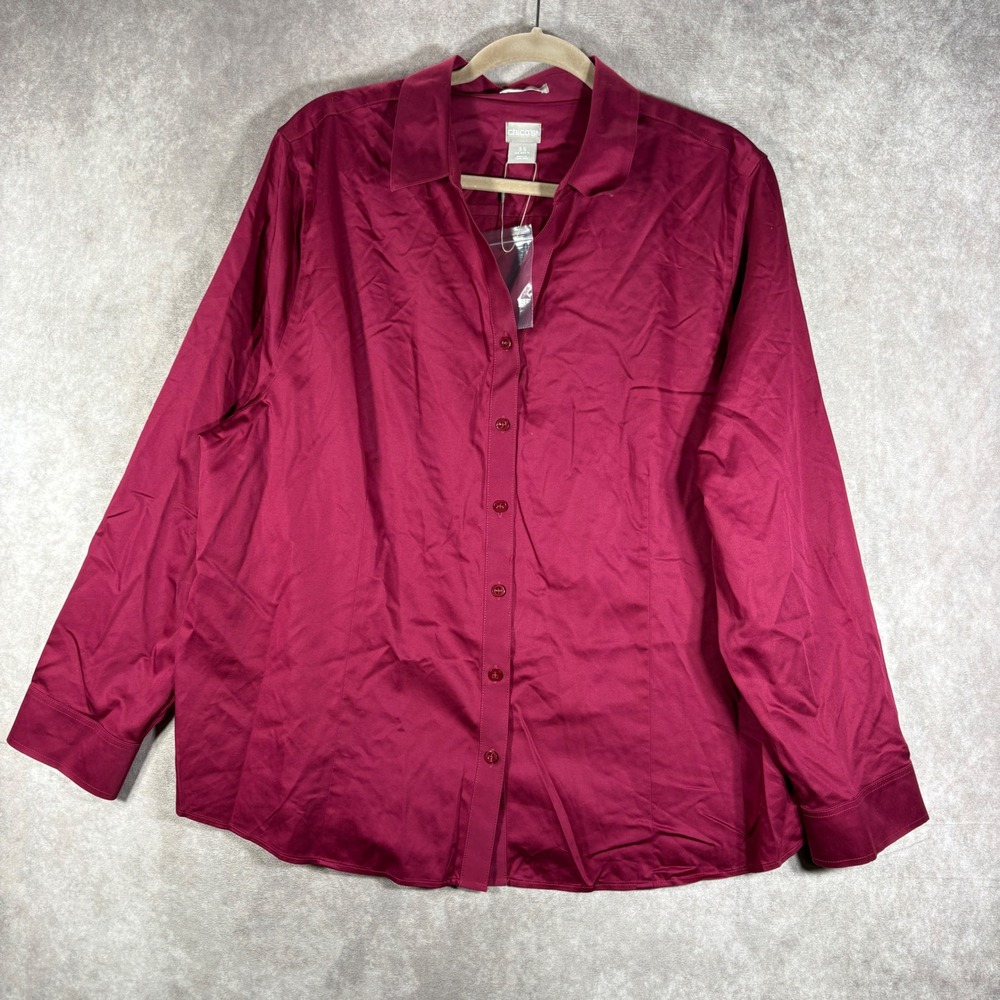 Chico's Button Down Shirt Womens 3.5 US 18 Burgundy No Iron Cotton Long Sleeve